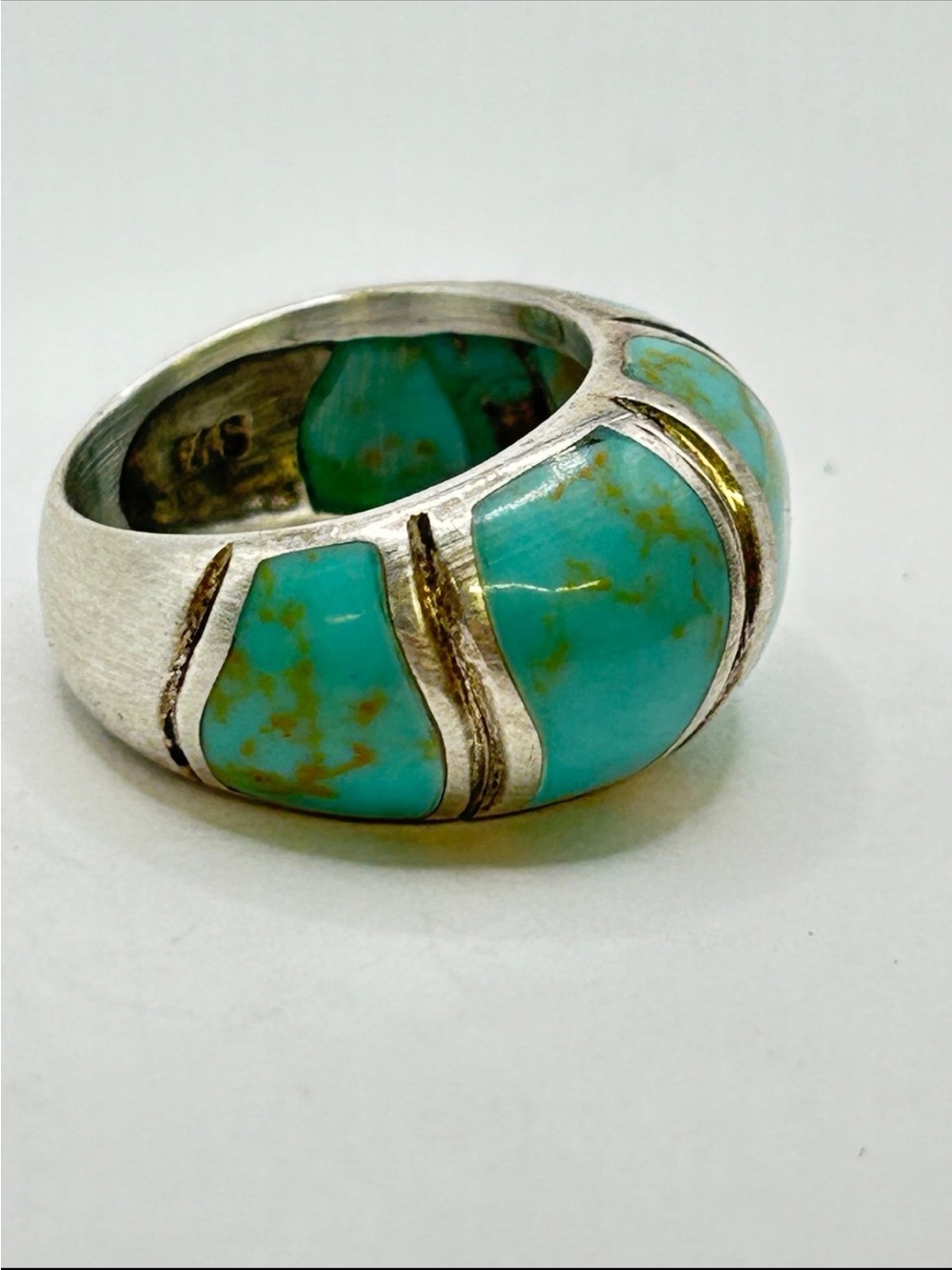 Sterling Silver Turquoise Inlay Dome Ring - Blue-Green 925 size 7 - Picture 2 of 5
